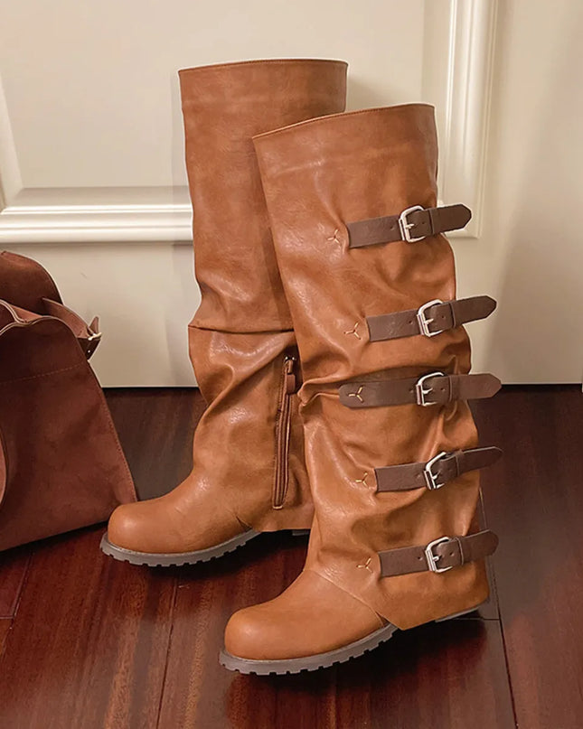 Multi-Buckle Knee-High Boots Brown