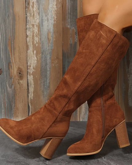 Point Toe Block Heels Boots Brown