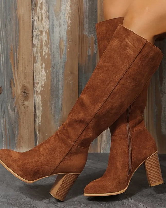 Point Toe Block Heels Boots Brown