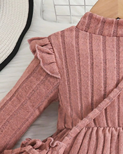 Children's Ribbed Knit Ruffle Trim Dress with Bag