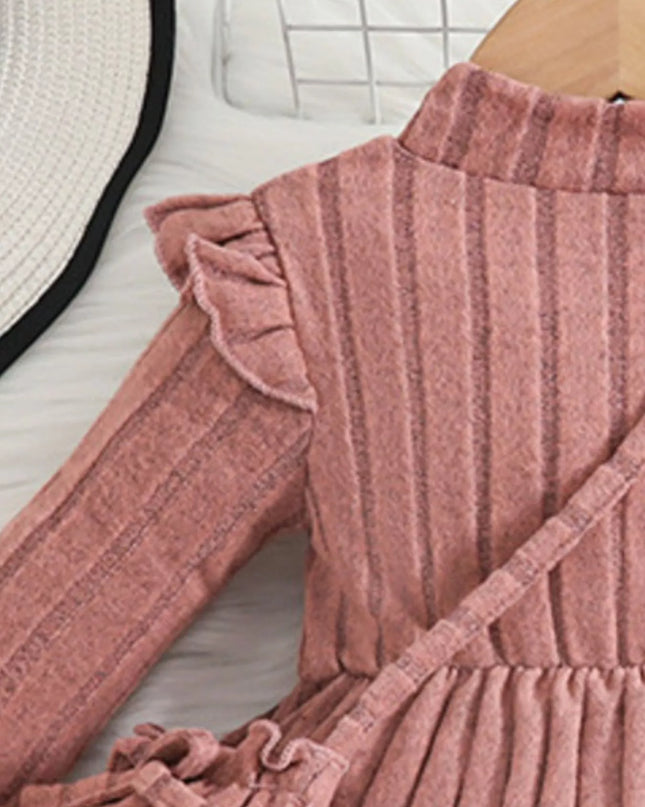 Children's Ribbed Knit Ruffle Trim Dress with Bag