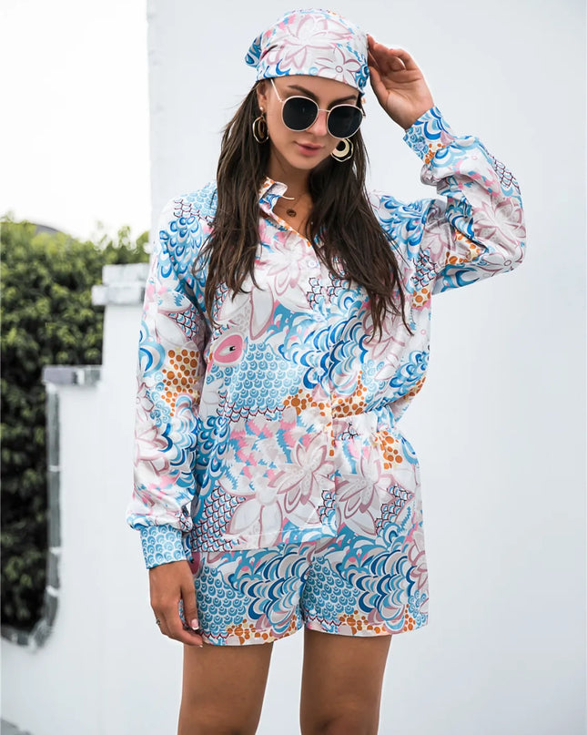 Printed Button Up Long Sleeve Shirt and Shorts Set