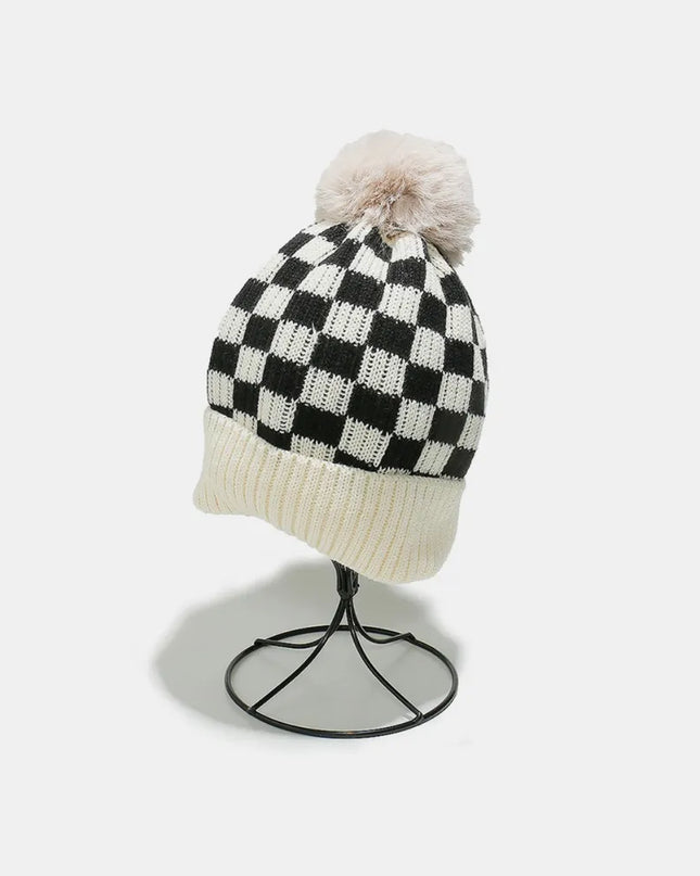 Checkered Knit Hat with Pompom Ivory One Size