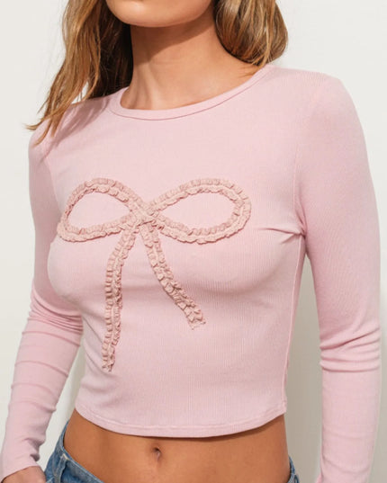 Bow Long Sleeve Fitted T-Shirt