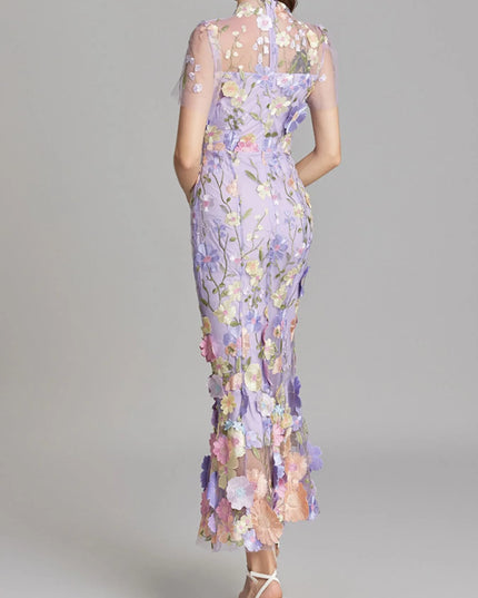 Floral Embroidered Mesh Overlay Maxi Dress
