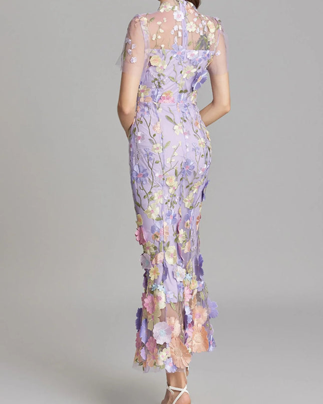 Floral Embroidered Mesh Overlay Maxi Dress