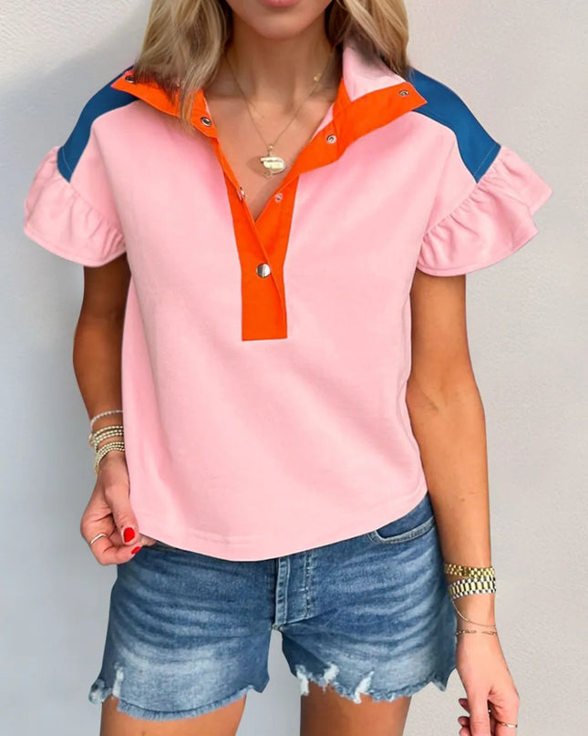 Oh Full Size Contrast Half Snap Short Sleeve Blouse