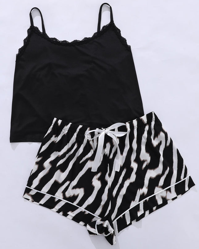 Plus Size Lace Trim Scoop Neck Cami and Printed Shorts Pajama Set Zebra