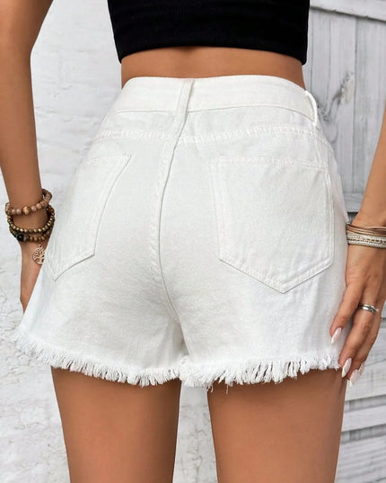 Distressed Raw Hem High Rise Denim Shorts