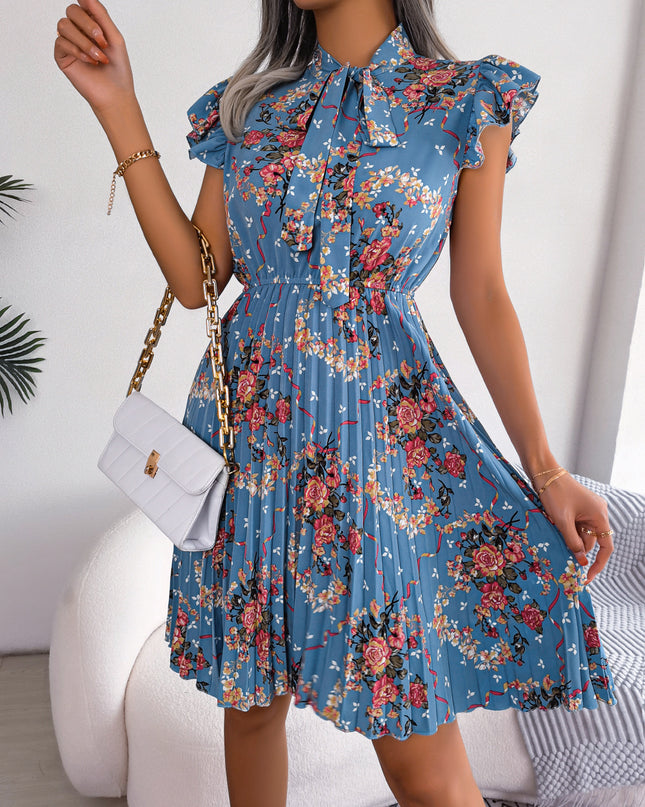 Pleated Floral Printed Tie Neck Knee Length Dress Light Blue
