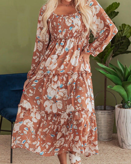 Smocked Printed Long Sleeve Tiered Dress Floral