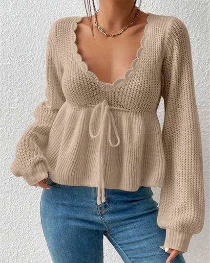 Scalloped V-Neck Drawstring Knit Top Mocha