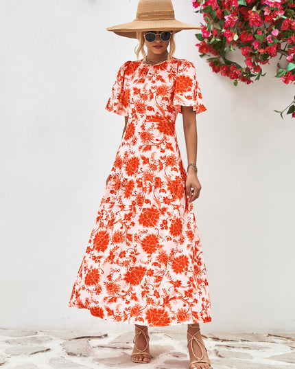 Floral Round Neck Tied Open Back Dress