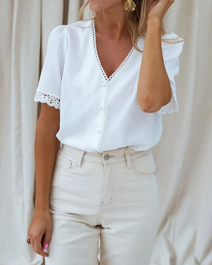 Lace Trim V-Neck Button-Up Blouse