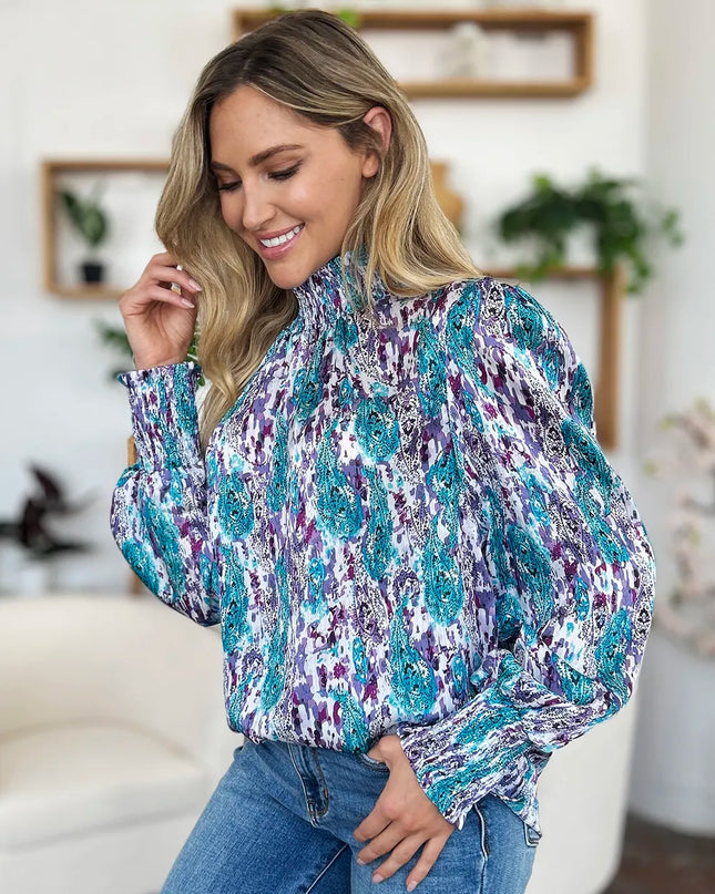 Double Take Full Size Printed Smocked Long Sleeve Blouse