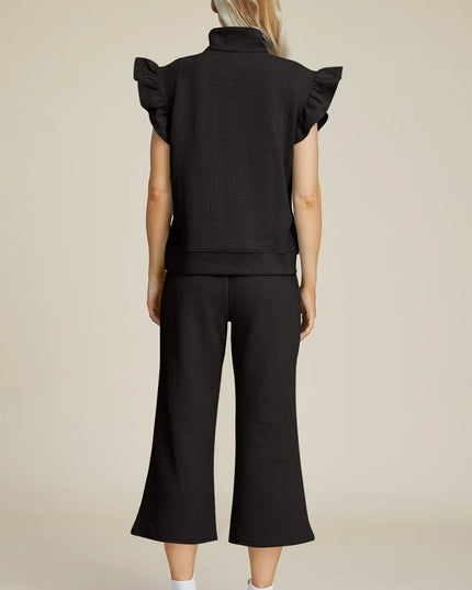 Double Take Full Size Texture Ruffle Short Sleeve Top and Wide Leg Pants Set