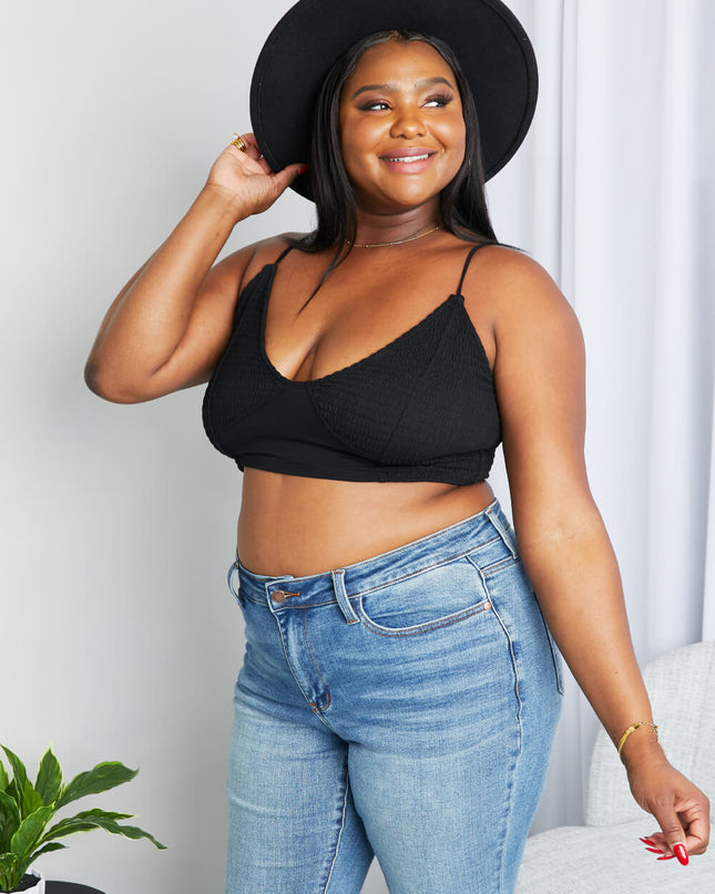 Zenana Full Size Textured Spaghetti Strap Bralette in Black