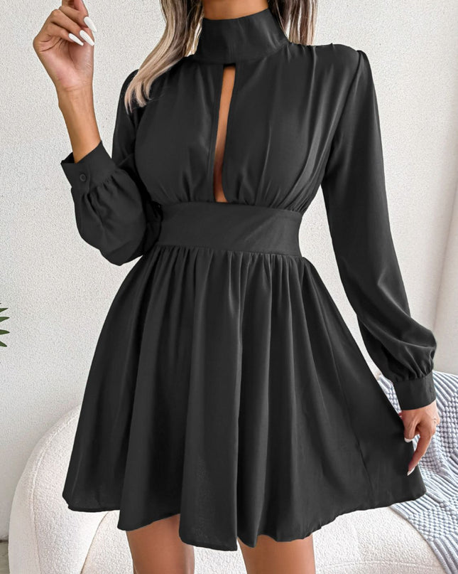 Cutout Turtleneck A-Line Mini Dress Black