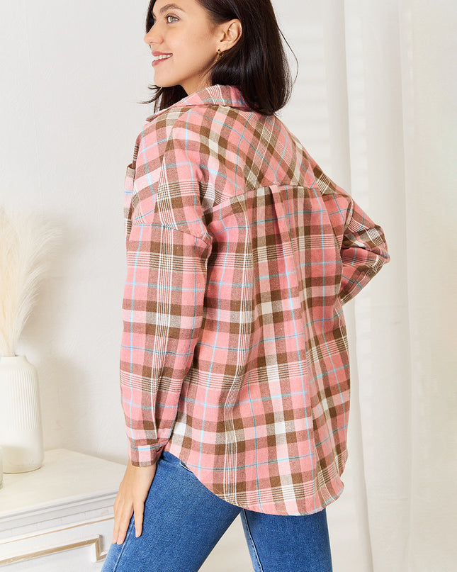 Double Take Plaid Collared Neck Long Sleeve Button-Up Shirt