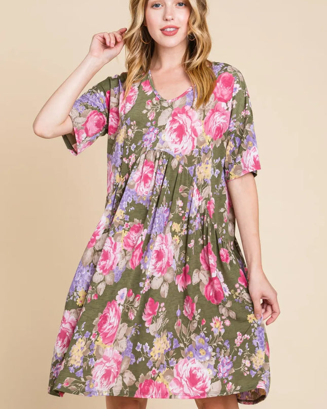 BOMBOM Flower Print V-Neck Ruched Dress Floral