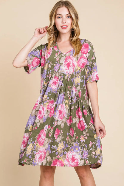 BOMBOM Flower Print V-Neck Ruched Dress Floral