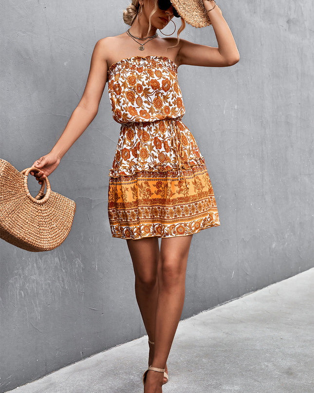 Bohemian Frill Trim Strapless Dress