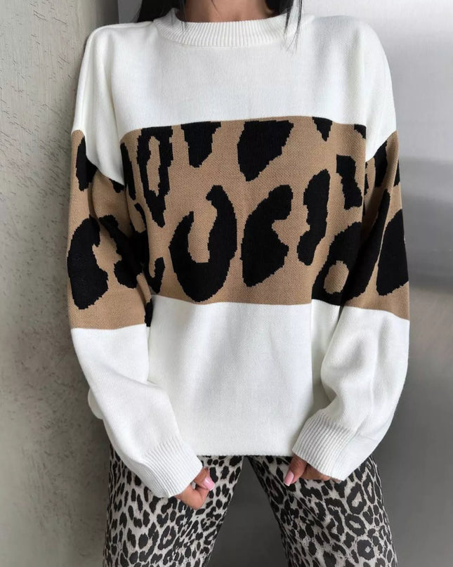 Leopard Color Block Round Neck Sweater