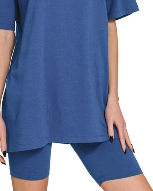 Zenana Cotton Round Neck Top & Biker Shorts