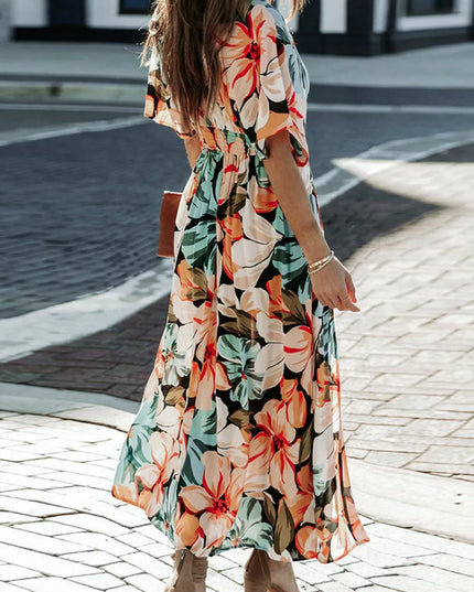 Floral Plunge Half Sleeve Dress