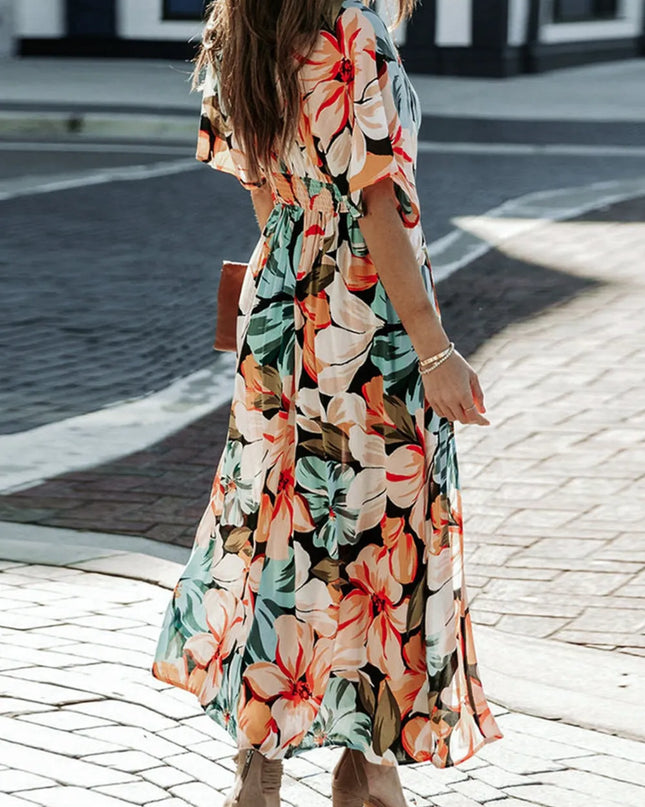 Floral Plunge Half Sleeve Dress