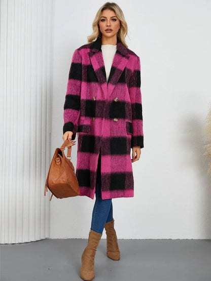 Plaid Double-Breasted Long Sleeve Coat Hot Pink