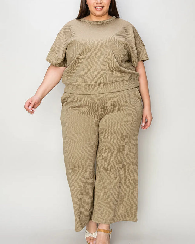 Double Take Full Size Texture Short Sleeve Top and Pants Set