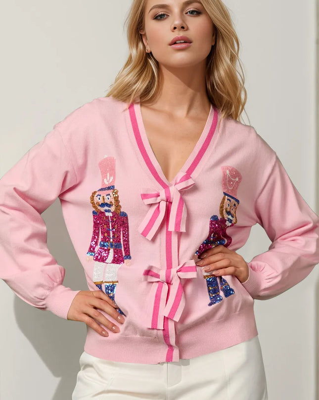 Double Take Full Size Nutcracker Sequin Bow Decor Cardigan Blush Pink