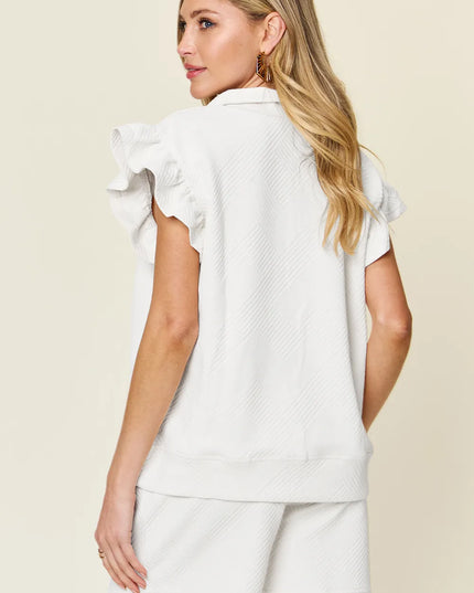 Double Take Full Size Texture Flounce Sleeve Top and Drawstring Shorts Set