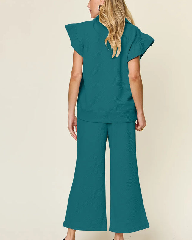 Double Take Texture Ruffle Short Sleeve Top and Drawstring Wide Leg Pants Set
