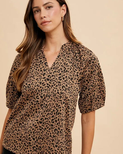 Annie Wear Animal Print Knit Volume Sleeve Blouse MOCHA