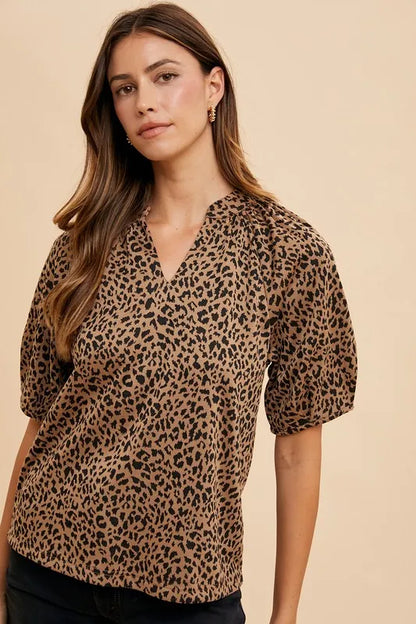 Annie Wear Animal Print Knit Volume Sleeve Blouse MOCHA