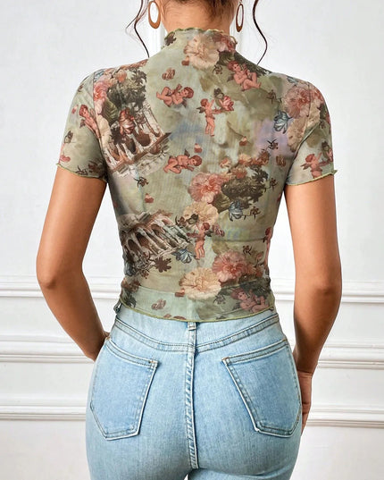 Abstract Print Ruffled Mock Neck Crop T-Shirt