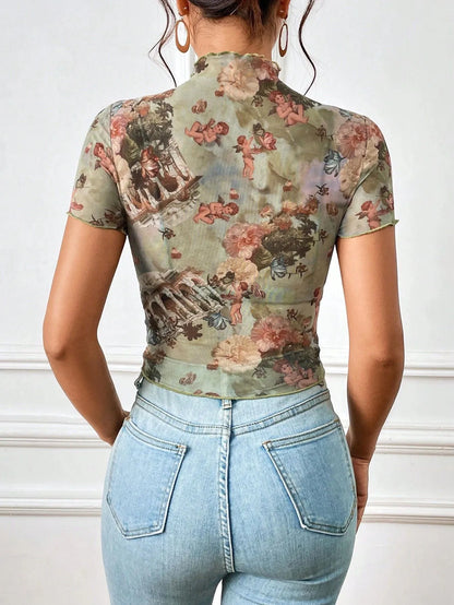 Abstract Print Ruffled Mock Neck Crop T-Shirt