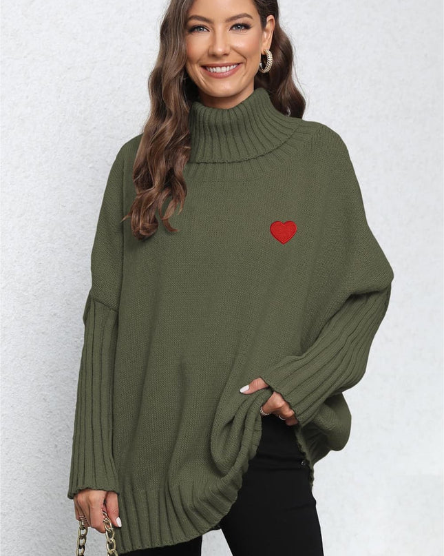 Turtle Neck Long Sleeve Ribbed Sweater Army Green One Size