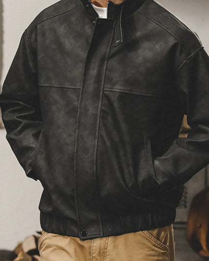 Men's Plus Size Zip Up Stand Collar Biker Jacket Black