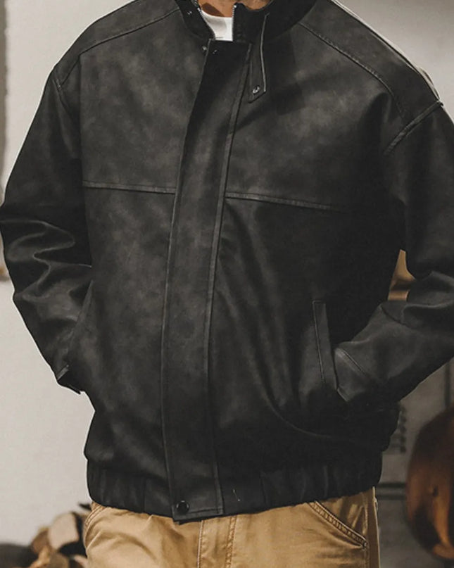 Men's Plus Size Zip Up Stand Collar Biker Jacket Black