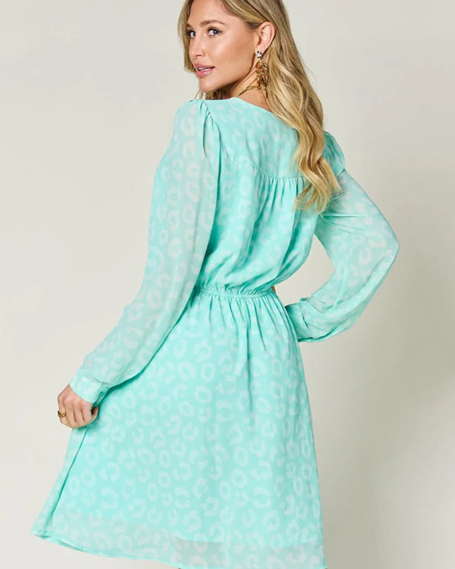Double Take Full Size Printed Ruched V-Neck Long Sleeve Dress