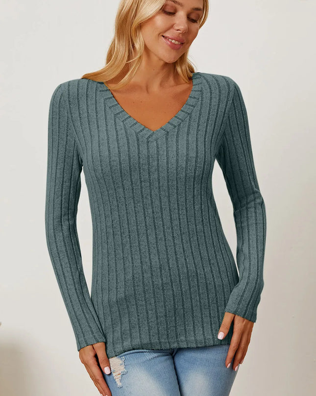 Basic Bae Full Size Ribbed V-Neck Long Sleeve T-Shirt