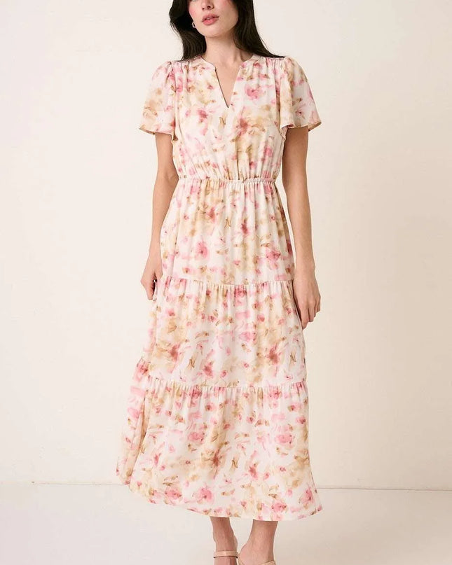 Mittoshop Flower Print Flutter Sleeve V Slit Maxi Dress