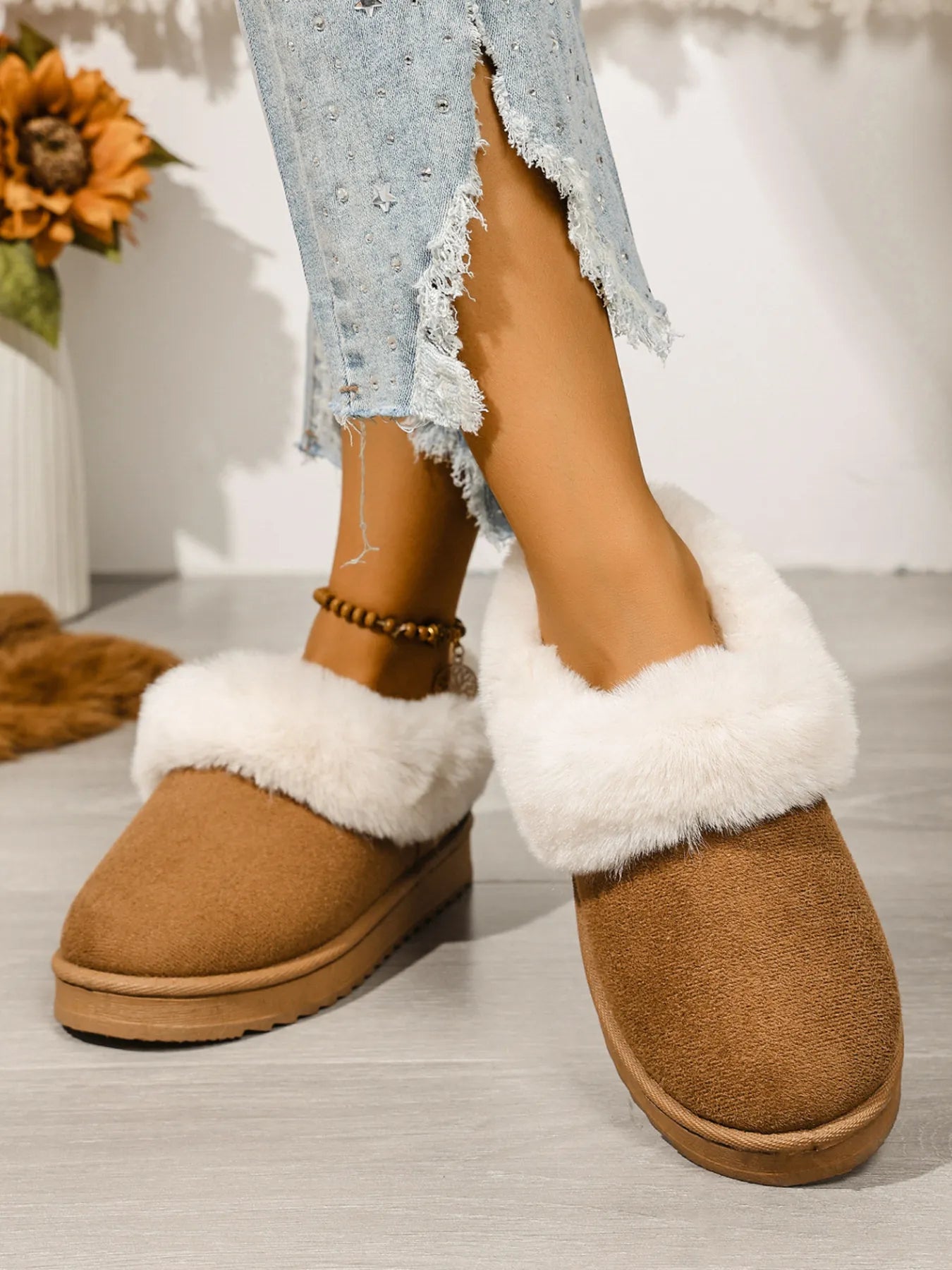 Cozy Winter Fur-Lined Ankle Boots Camel