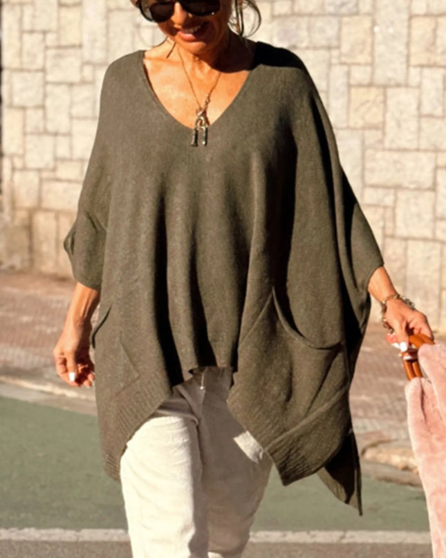 Ribbed Hem V-Neck Sweater