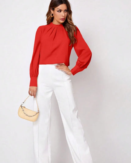 Ruched Mock Neck Long Sleeve Blouse 