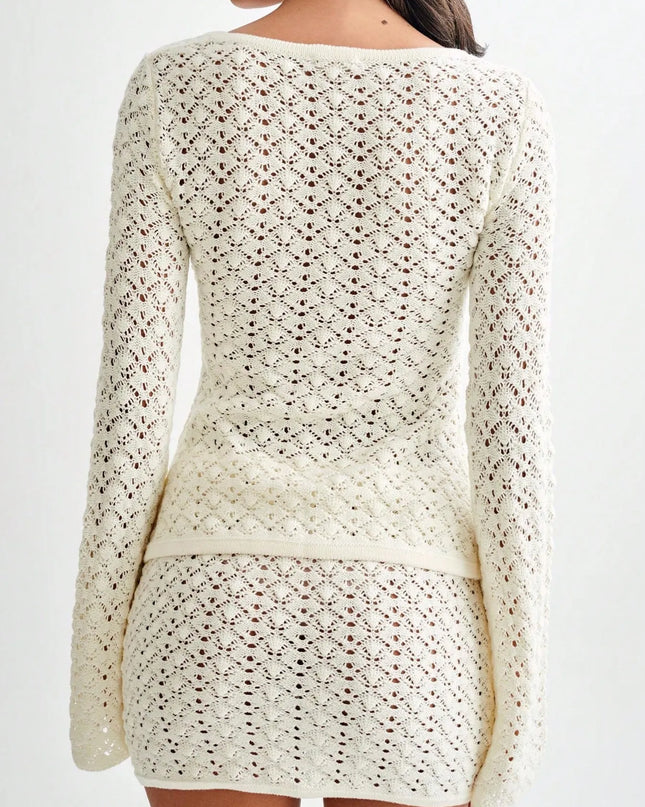 Button Up Crochet Cardigan and Skirt Sweater Set