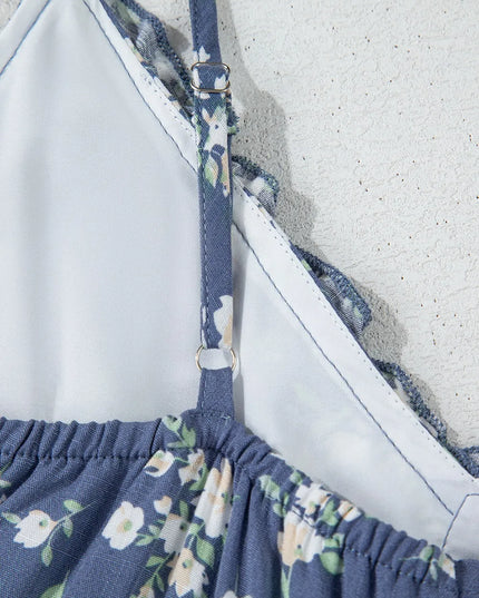 Floral Spaghetti Strap Frilled V Neck Tiered Midi Dress